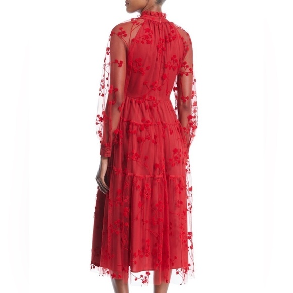 CO Collections Red Floral Embroidered Mock Neck Midi Dress Sz XS - Picture 3 of 8